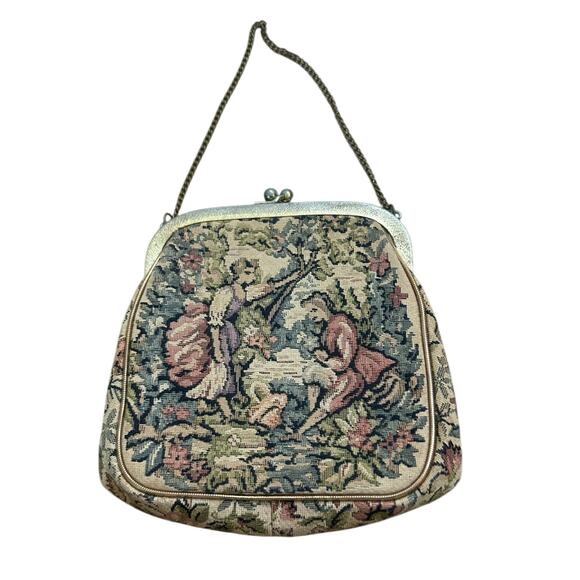 Vintage Tapestry Purse Metal Frame Chain Handle Romantic Scene Handbag - - Picture 1 of 4